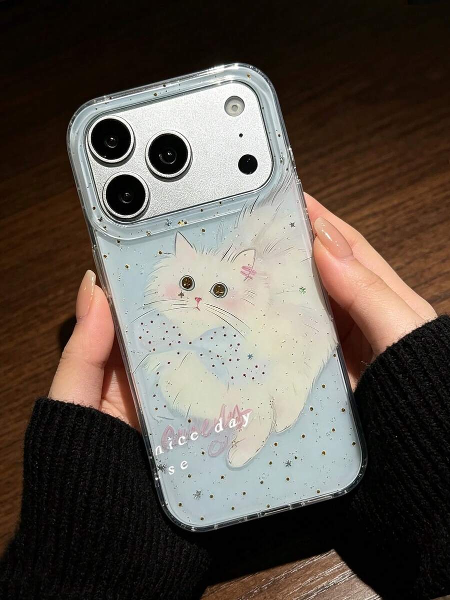 1pc Aesthetic Cute Plush Cat Glitter Transparent Phone Case, Slim Anti-Fingerprint Protective Shell, Commute Accessory, Surprise Gift Choice, Suitable For IPhone 11/12/13/14/15/16/17 Pro Max - Multicolor - View 1