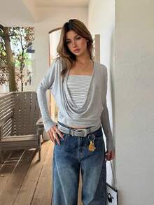 Cowl Neck Striped Top Early Autumn Batwing Sleeve Patchwork Minimalist Sexy Style Long Sleeve T-Shirt - Grey - View 9
