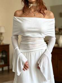 Women's Off The Shoulder Tops Long Flared Sleeve Solid Color Slim Fit Shirt - White - View 1