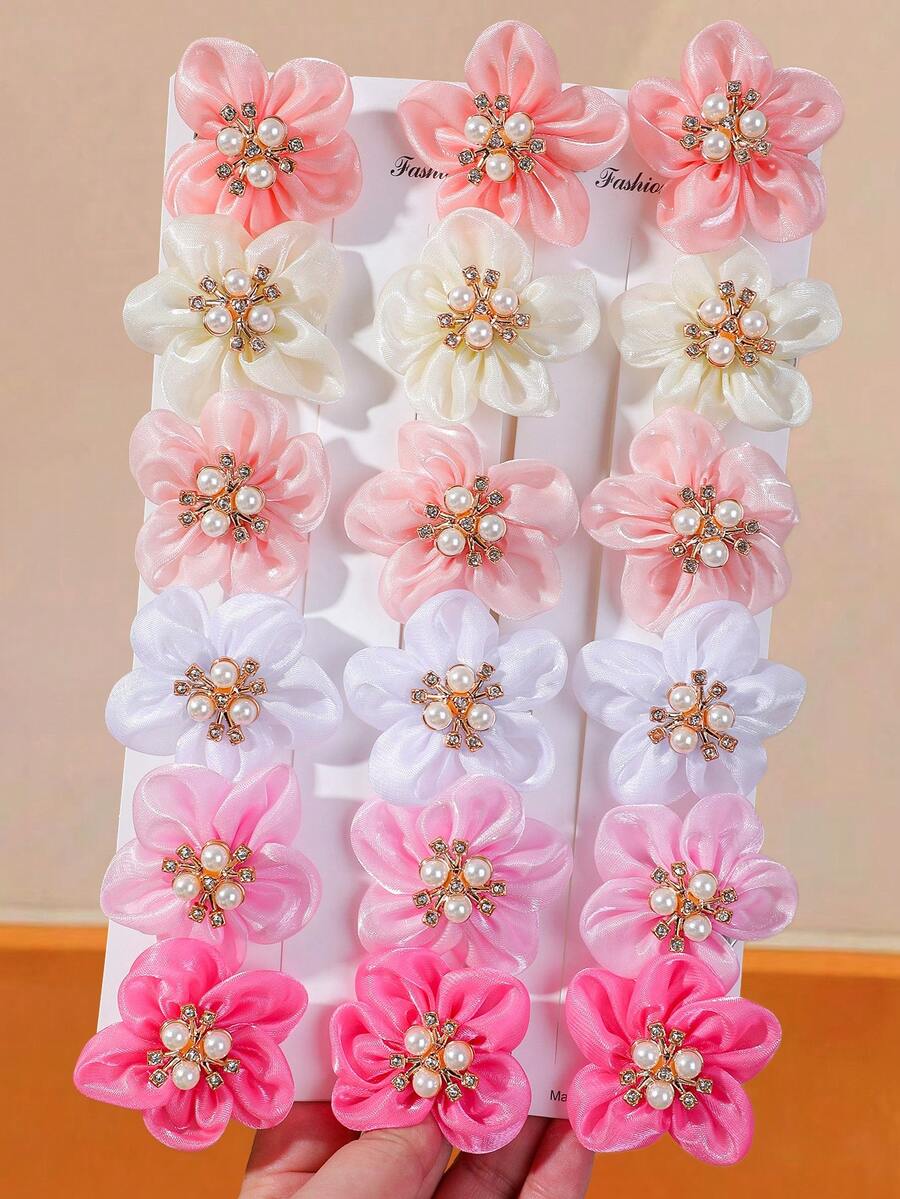 10pcs Women Pink Random Shiny Rhinestone 3D Solid Color Flower Hair Clips Pearl Cute Princess Side Hair Clips Versatile Bangs Clips 3D Hair Clips Alligator Hair Clips Side Clips Girls Hair Accessories Daily Use - Multicolor - View 1