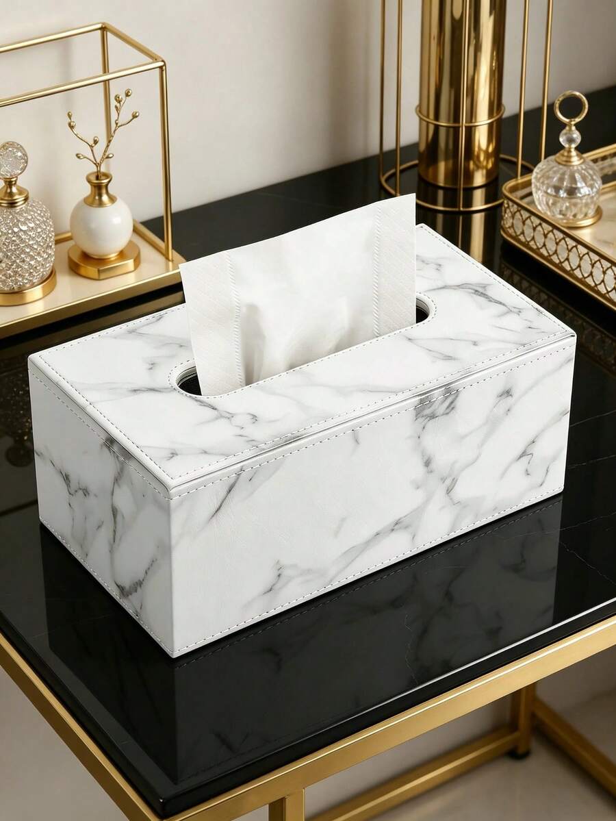 White Marble Texture Paper Towel Box, PU Leather With White Stitching Tissue Box Holder Bathroom Organizer Bathroom Decor Fall Decor Back To School - White Marble - View 1