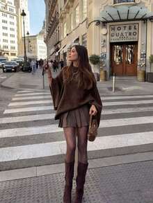 EAVA French Vintage Autumn Brown Poncho Sweater: Casual Asymmetric Pullover Loose Knit Cape Top - Brown - View 1