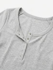 Gray Regular-Shoulder Short Sleeve T-Shirt, Fitted Minimalist French Style Blouse Casual Summer - Grey - View 6
