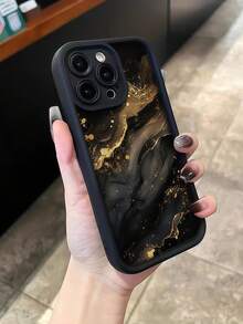 Matte Black Contrast Frame Phone Case, Black Background Fluid Gold Marble Ink Texture Printed Shockproof Soft TPU Protective Cover With Raised Camera Lens Frame, Compatible With Apple 11, 12, 13, 14, 15, 16, 17 Pro Max, Luxury Minimalist Neutral Style Phone Case Designed For Men And Women - Black - View 5