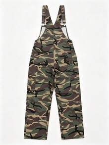 Men's Camouflage Denim Overalls, Non-Stretch Loose Straight Leg Cargo Pants, Adjustable Shoulder Straps, Multi-Pockets, Streetwear Outdoor Style - Dark Green - View 8