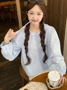 Korean Style Spring New Solid Color Top With Bowknot And Lace Design, Sweet Preppy Blouse - Blue - View 5