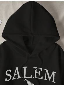 Women's Plus Size Halloween Letter Graphic Sweatshirt, Pullover Style With Drawstring Design, Suitable For Halloween Casual Occasions - Black - View 2