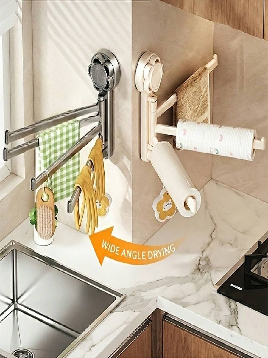 1pc Adjustable Suction Cup Towel Bar & Shelf - No-Drill Rotating Towel Rack, Strong Vacuum Suction, Rust-Proof Plastic Wall-Mounted Shower Hook, Suitable For Small Bathroom, Kitchen, Shower, Multi-Function Hand Towel Storage Rack - Multicolor - View 1