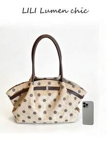 Polka Dot All-Over Print With Leather Patchwork Detail Decoration, Large Compartment For Storing Various Items, Vintage Style Handbag For Women, Shopping, Commuting And Travel, Long Handle Design, Simple Large Capacity Tote Bag - Khaki - View 3