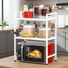 Rejilla extensible de 3 niveles para horno microondas de cocina color negro, organizador multifuncional para electrodomésticos, platos, especias y utensilios, diseño ajustable que aprovecha el espacio vertical de la encimera, estructura resistente y estable, ideal para cocinas pequeñas, fácil de montar y limpiar, - Blanco - Ver 4