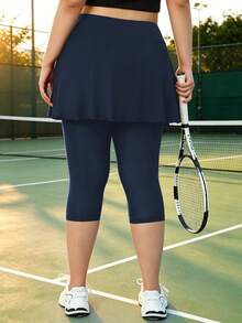 Plus Size Women's High Waist Tight Leggings, 2-In-1 Pants, With Inner Pockets, Capri Yoga Pants, Suitable For Sports, Tennis And Golf - Navy Blue - View 6