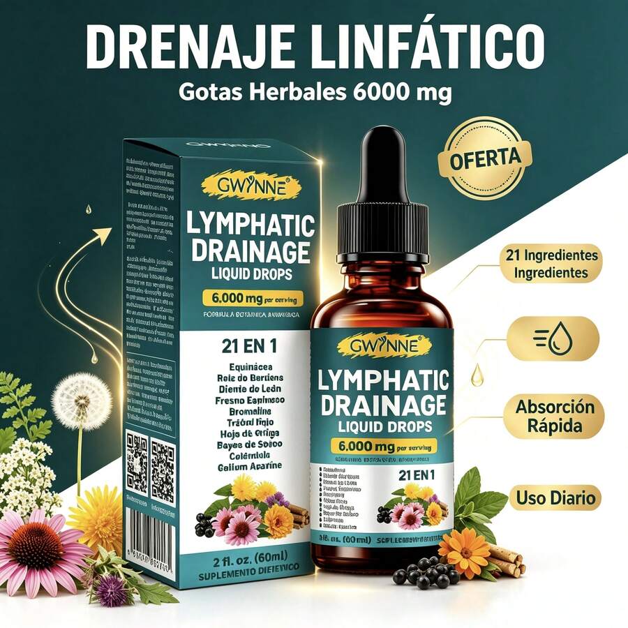 Gotas Líquidas Drenaje Linfático GWYNNE 60ml, Fórmula Botánica 21 en 1 6000mg, Suplemento de Extractos Herbales Naturales para Apoyo del Drenaje Linfático, Fácil absorción para uso diario