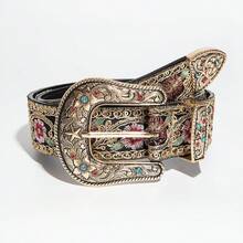 女款花卉刺繡水鑽西式腰帶，黑色波希米亞復古牛仔女郎腰帶 - 黑色-金色刺繡 - 查看 6