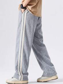 American Street Style Side Stripe Sweatpants, Straight Leg Draped Casual Pants For Men, Versatile Grey Sports Long Pants For Daily Commute/Sports - Light Grey - View 5