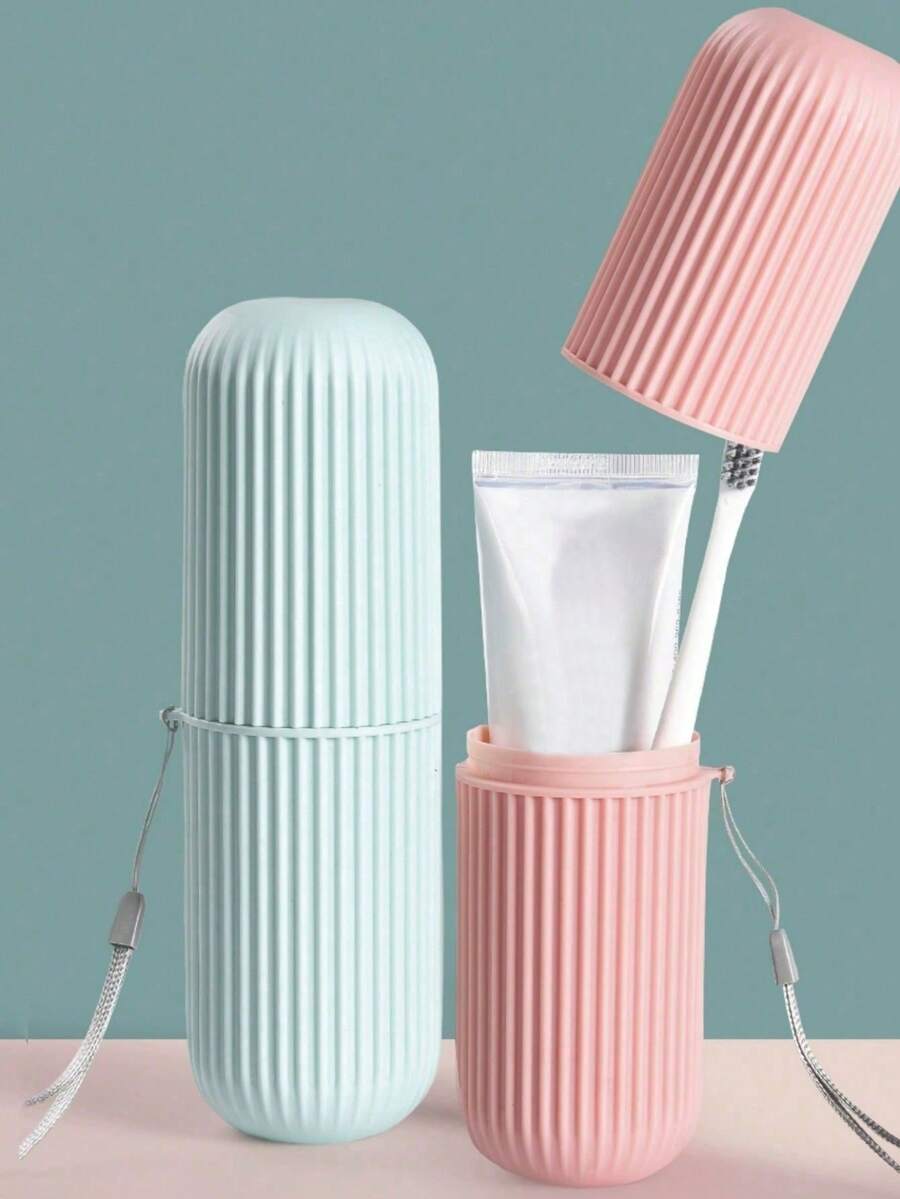 1 pieza/2 piezas Juego de caja de cepillo de dientes portátil para viajes, taza de lavado con tapa, pasta de dientes y caja de almacenamiento de cepillo de dientes, taza para enjuague bucal - Multicolor - Ver 1