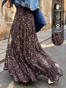 EARO Women's Navy Blue Ditsy Floral A-Line Skirt, High Waist Casual Loose Vacation Elegant Design Patchwork Pleated Maxi Skirt, Spring/Autumn Brown - Brown - View 2