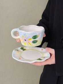 1 Set Creative Hand-Pinched Coffee Cup And Saucer, Hand-Painted Embossed Floral Ceramic Cup, Tea Cup, Water Cup, Mug, Suitable For Office, Living Room, Home Use, Gift, Cup, One Cup Of Coffee - Multicolor - View 6