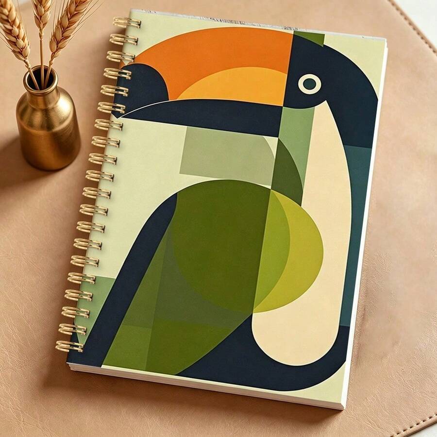 1Pc Abstract Geometric Toucan Art A5 Spiral Notebook, Black Spiral Ring, Suitable For Student Class Notes And Office Meeting Minutes, Portable Plan Book And Diary, Suitable For Professionals, Students And Office Use, Creative Gift Choice - Multicolor - View 1