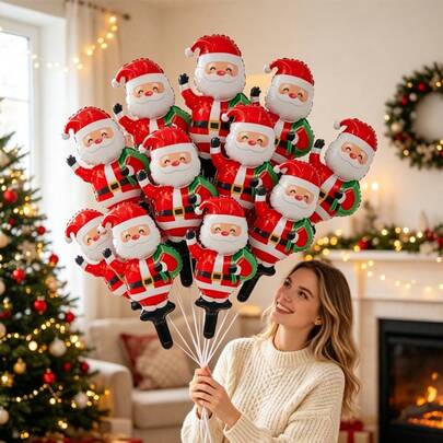 10pcs Mini Santa Claus Foil Balloons, Children's Christmas Gifts, Christmas Party Decorations, Holiday Photo Booth Props, Christmas Indoor And Outdoor Decorative Balloons