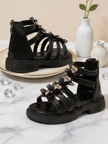 New Girls' Stylish Breathable Hollow Design High-Top Roman Sandals, Mesh Ruffle With Rhinestone Heart Decoration, Back Zipper For Easy On/Off, Thick Non-Slip Soft Sole, Sweet Versatile For Summer Daily Wear, Outings And School - Black - View 3