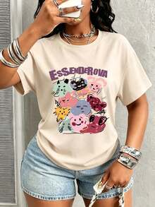 American Style Loose Fit Short Sleeve Top, Hand-Painted Graffiti Cute Cartoon Animal Print Summer Casual T-Shirt - Apricot - View 3