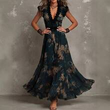 Boho Women Dark Green Floral Maxi Dress, Lace Trim V‑Neck Flutter Sleeve Waist Cinched Chiffon Long Dress For Beach Vacation Party Outfits - Navy Blue - View 2