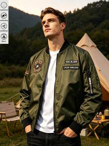 Reversible Jacket Men Spring Autumn American Vintage Badge Baseball Collar Outdoor Camping Functional Workwear Top. Suitable For Hiking, Trekking, Camping. Gift. - Army Green - View 1