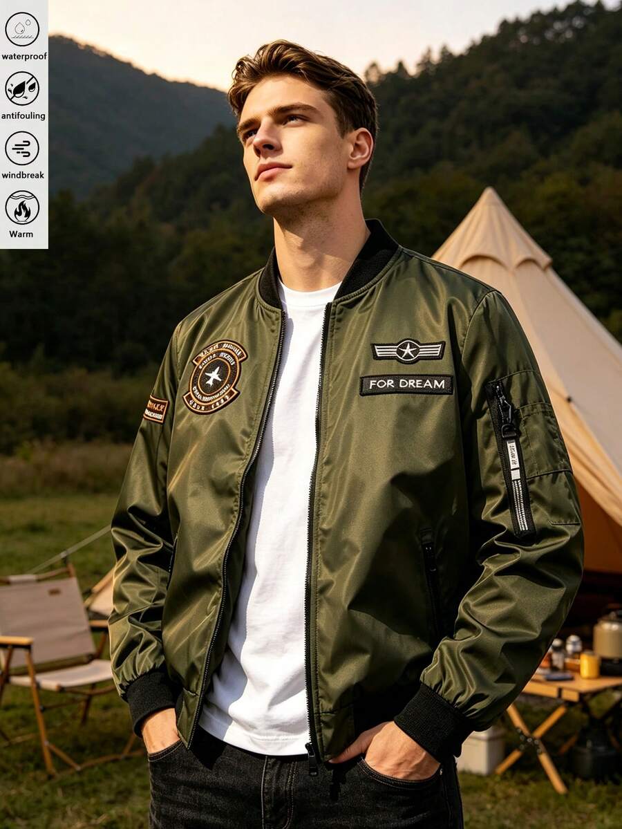 Reversible Jacket Men Spring Autumn American Vintage Badge Baseball Collar Outdoor Camping Functional Workwear Top. Suitable For Hiking, Trekking, Camping. Gift. - Army Green - View 1