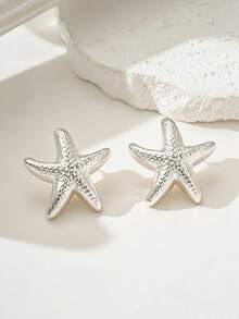 2-12 piezas Pendientes de estrella de mar y concha plateados, adecuados para usar en verano, viajes y vacaciones - Plateado - Ver 5