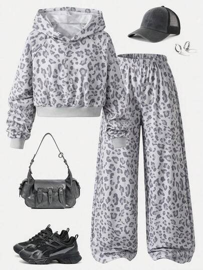 Grey Leopard Print Hooded Sweatshirt & Wide Leg Pants 2-Piece Set For Girl, Raglan Sleeve, Drawstring Waist, Loose Casual Outfit, Cross-Border Set For Girls