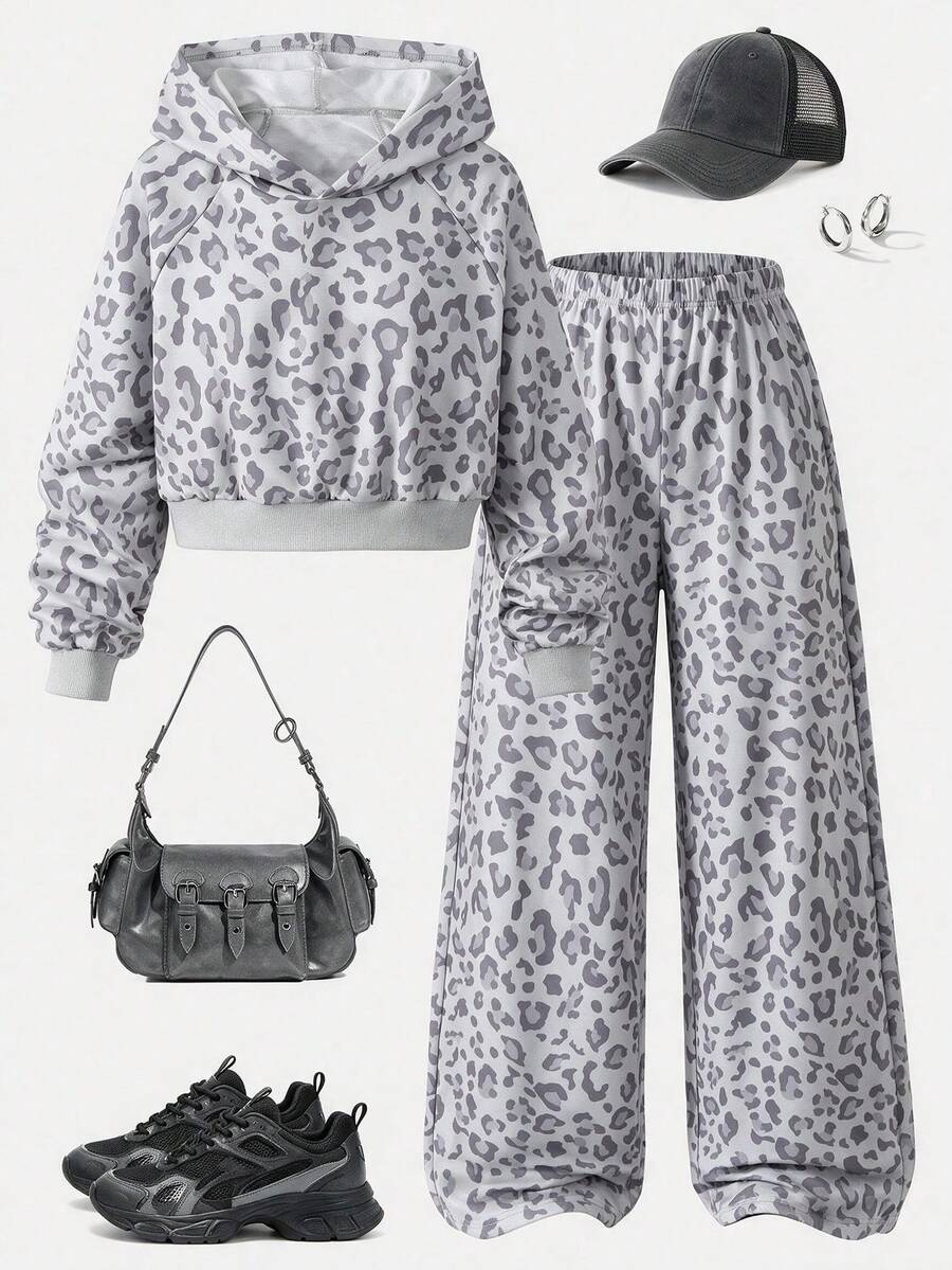 Setelan 2 Potong Sweatshirt Berkerudung Motif Leopard Abu-abu & Celana Panjang Lebar untuk Anak Perempuan, Lengan Raglan, Pinggang Bertali, Pakaian Kasual Longgar, Setelan Lintas Batas untuk Anak Perempuan - Grey - View 1