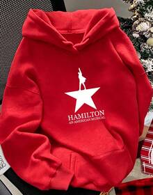 Women'S Y2K Style Hamilton Musical Inspired Hooded Sweatshirt - Official  Musical Graphic Print, Cozy Fleece Pullover With Star & Hamilton Lettering - 紅色 - 查看 5