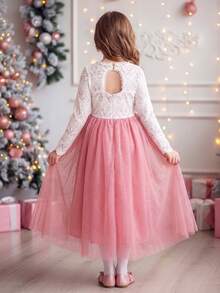 Tween Girl Hollow Back Long Sleeve Pearl Lace Contrast Mesh Tie Party Evening Gown - Dusty Pink - View 1