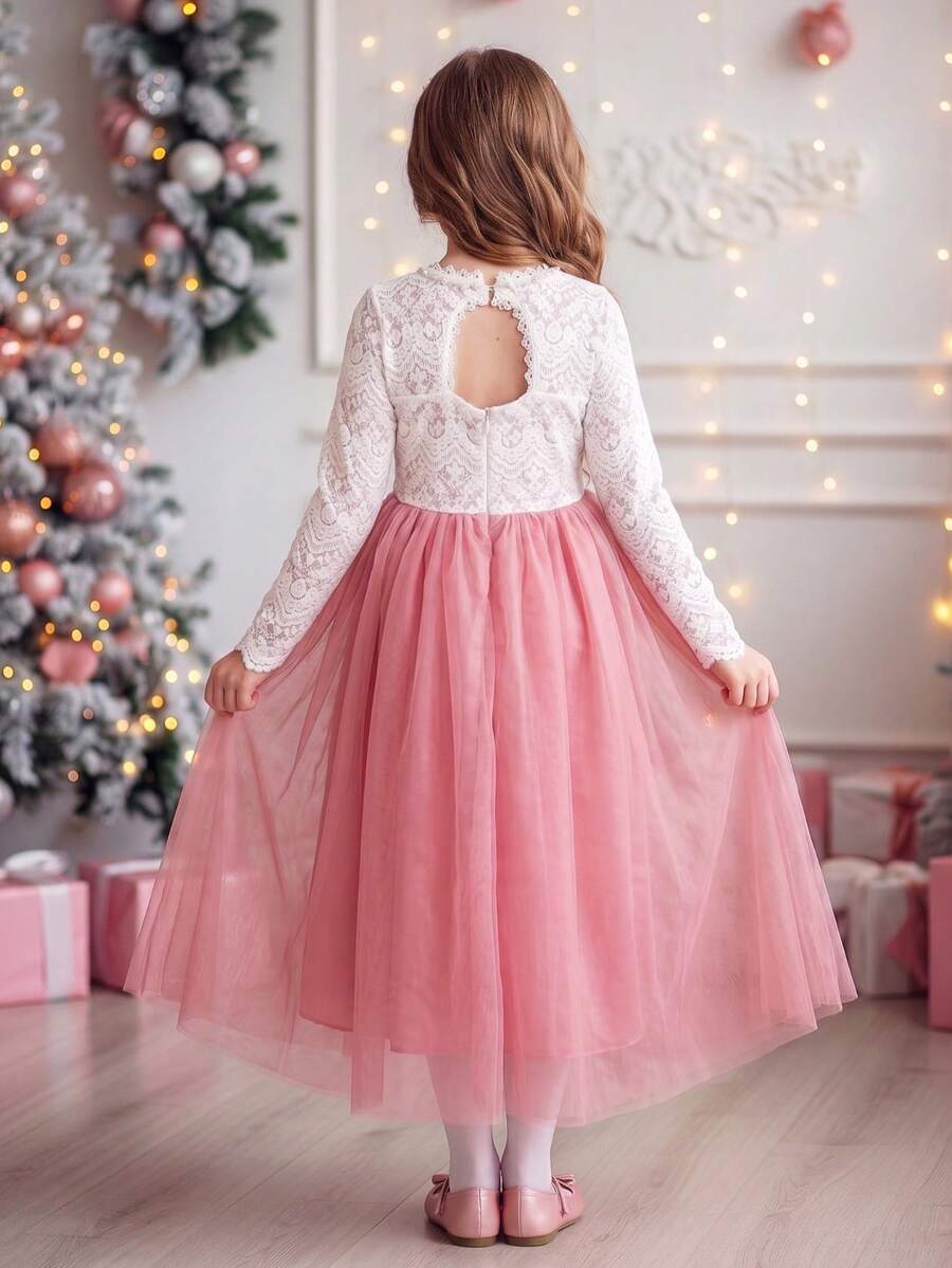 Tween Girl Hollow Back Long Sleeve Pearl Lace Contrast Mesh Tie Party Evening Gown - Dusty Pink - View 1