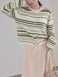 Jaket Sweater Rajut Wanita Kasual Minimalis Bergaris Leher Bulat Musim Gugur/Musim Dingin - hijau - View 5