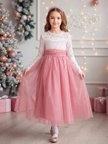 Tween Girl Hollow Back Long Sleeve Pearl Lace Contrast Mesh Tie Party Evening Gown - Dusty Pink - View 2