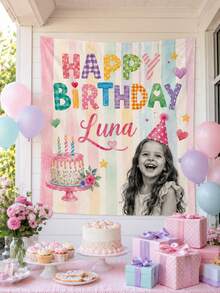 Custom Photo Wall Tapestry, Personalized Birthday Banner With Image And Text, Colorful Party Backdrop Poster, Customized Celebration Decor, Birthday Commemorative Gift, Children Family Friends Room Decoration Personalized Hanging Decor - Multicolor - View 7