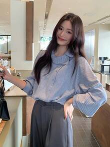 Women's Vertical Striped Diagonal Button Long Sleeve Shirt, Loose Fit, Casual Commute, Niche Design, Autumn Blouse - Blue - View 7