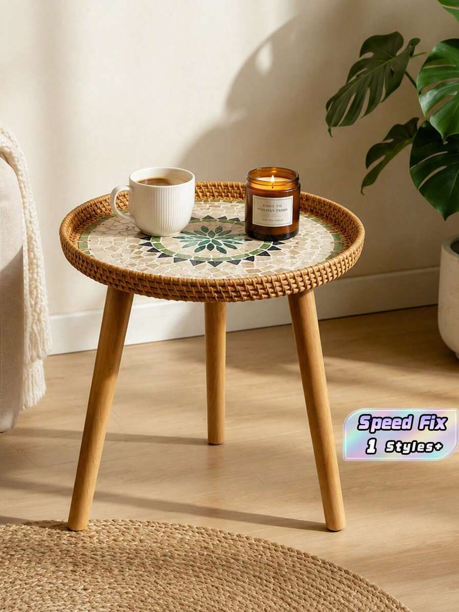 1 Handmade Woven Rattan Shell Small Coffee Table Square Sofa Side Table Small Round Table Picnic Table