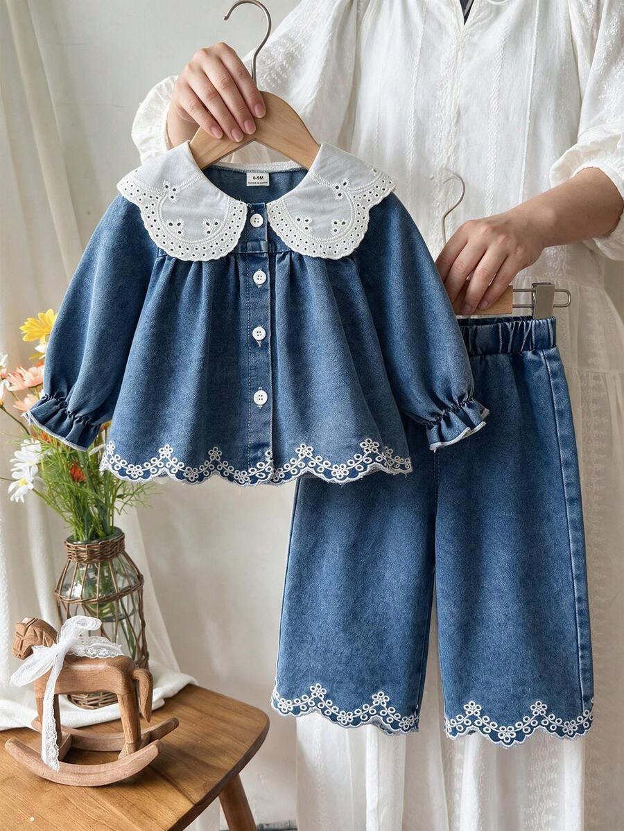 2pcs/Set Baby Girl Cute Style Lace Collar Ruffle Cuff Long Sleeve Top, Lace Elastic Waist Wide Leg Pants, Autumn - Blue - View 1