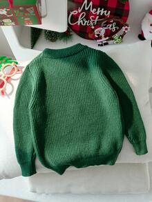 女童可愛聖誕馴鹿刺繡針織長袖套頭上衣，適合聖誕派對，春秋冬季穿著 - 綠色 - 查看 2