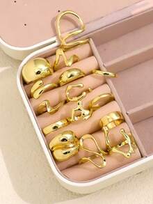 15Pcs/Set Exaggerated Metal Irregular Lines Water Dropl Smooth Rings For Women Men Punk Retro Boho Fashion Jewelry Gift - Yellow Gold - View 2