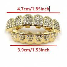 2PCS Gold Grillz Teeth Set,Iced Out Hip Hop Tooth Jewelry With Rhinestone Diamond Design,Shiny Gold Teeth Caps Fashion Accessories For Men Women Party - Multicolor - View 4