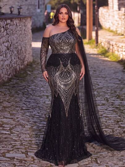 Women's Elegant Plus Size Long Sleeve Asymmetrical Neckline Sequin Mermaid Formal Dress, Cold Shoulder Design, Suitable For Parties And Balls