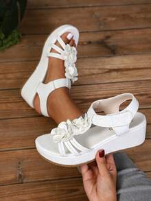 Women's New Woven Double Strap Wedge Bow Decor Peep Toe Sweet Platform High Heel Sandals - White - View 5