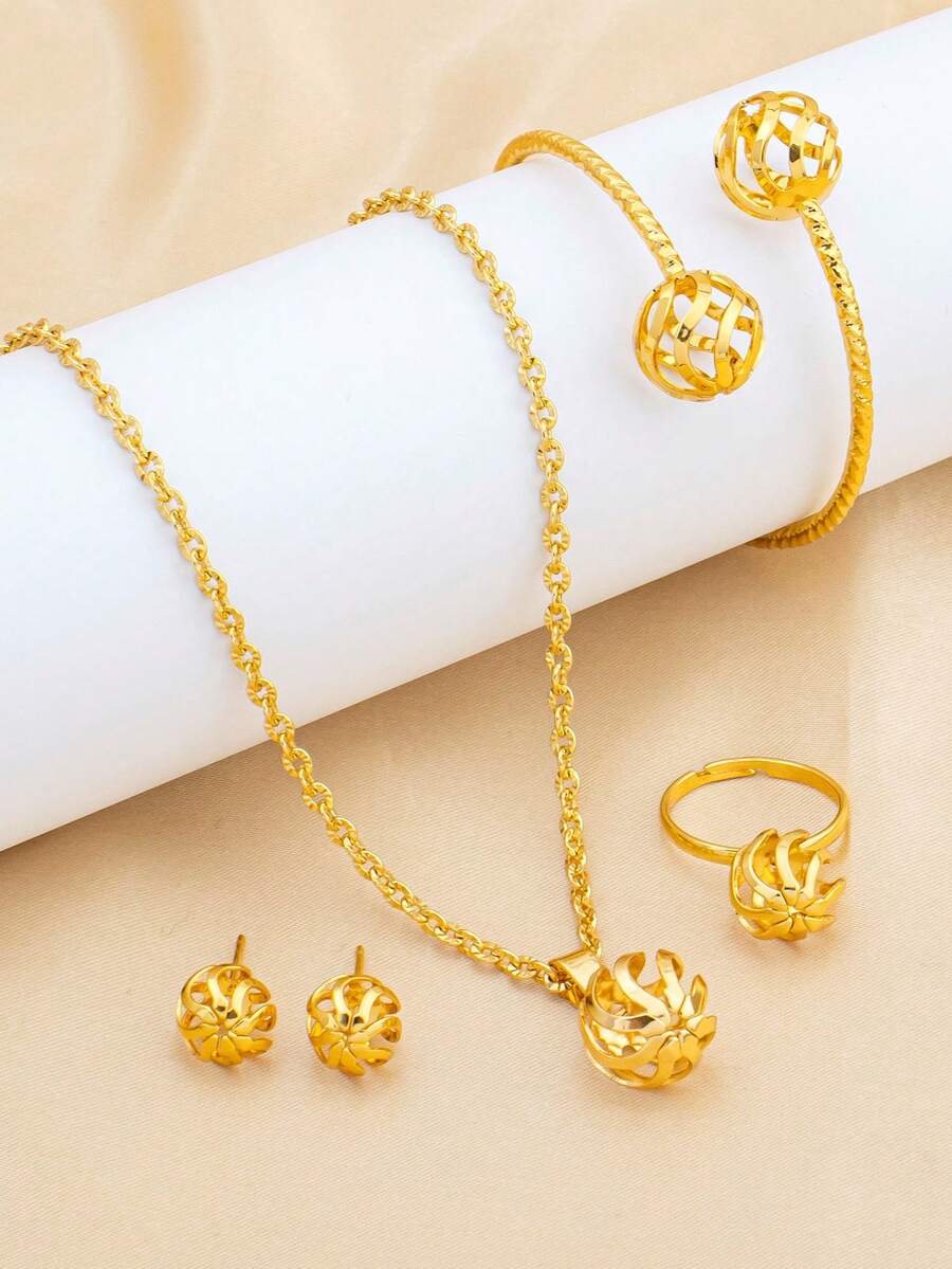 Letingsha 1套時尚鍍金鏤空球飾珠寶套組,包含項鍊吊墜、開口寬版手環、戒指、耳釘,適合日常配戴,女性禮物 - 金色 - 查看 1