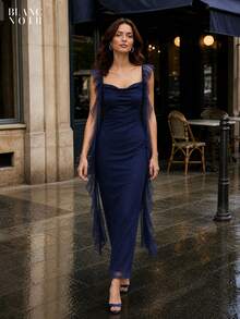 Navy Blue| Women's Elegant Navy Blue Sequin Mesh Ruffle Trim Bodycon Maxi Dress - 藍色 - 查看 7