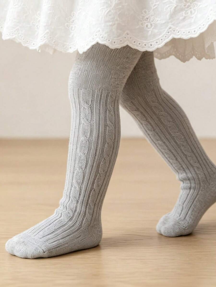 1 Pair Twisted Cable Fine Vertical Striped Candy Color Girls Tights, Solid Color Children's Socks For All Seasons, Double Needle Girls Tights - Grey - View 1