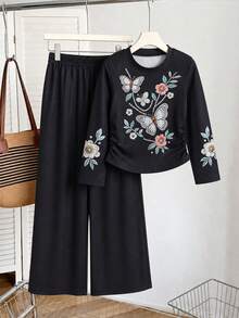 Setelan Anak Perempuan Lengan Panjang Motif Kupu-kupu & Bunga, Atasan Pinggang Berkerut Samping & Celana Panjang Lebar, 2 Potong, Musim Semi/Gugur - Hitam - View 3
