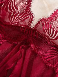 Conjunto de 2 Peças Feminino Pijama de Renda Transparente Vermelho Vinho com Alças Finas e Calcinha, Roupa de Dormir, Pijama de Halloween - Vinho - Visão 4
